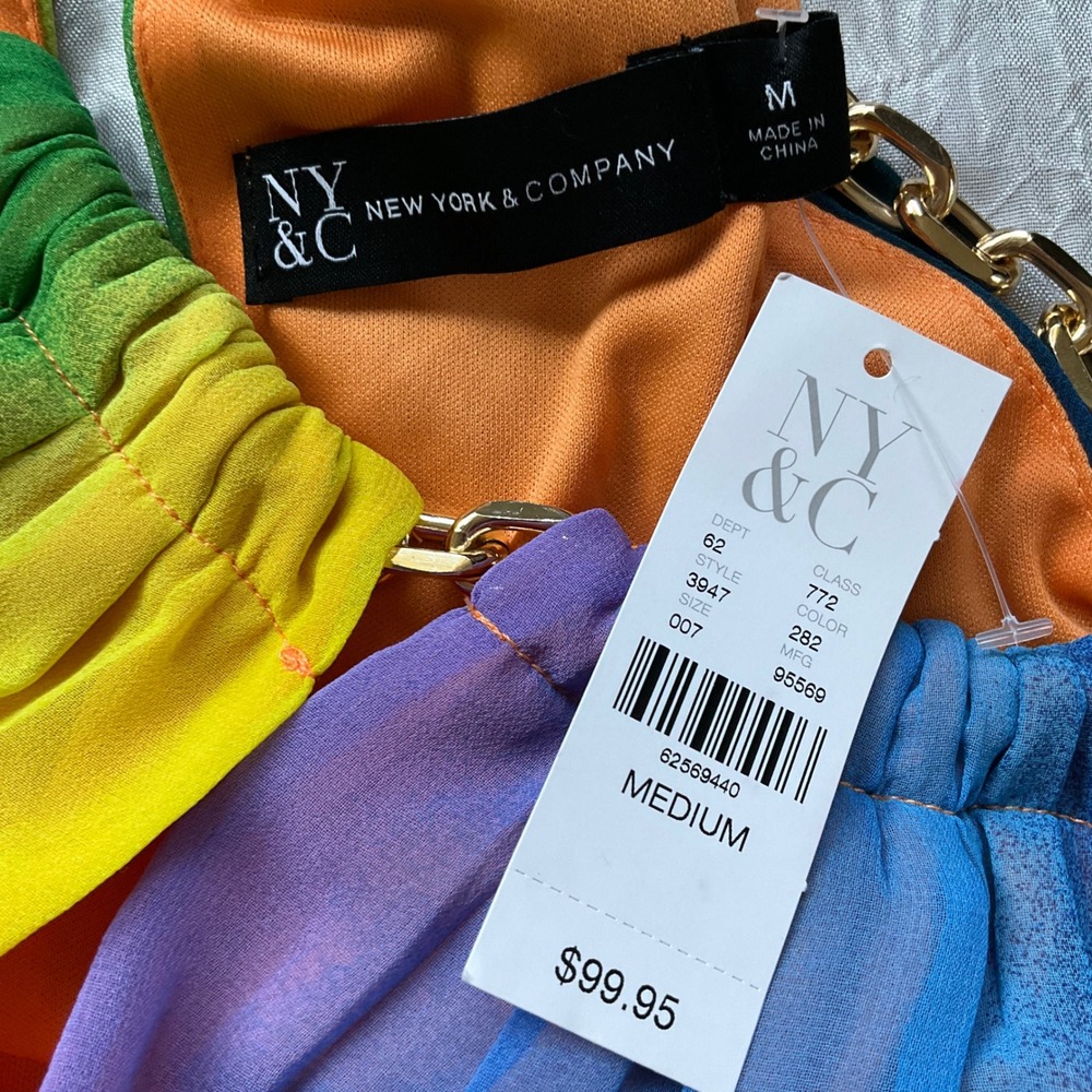 New York & Company Rainbow Ombre Halter Wrap Dress Gold Chain Neck Midi Sz M NWT - Picture 12 of 14